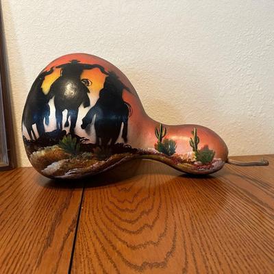 COWBOY ARTWORK, NEEDLEPOINT PICTURE AND PAINTED GOURD