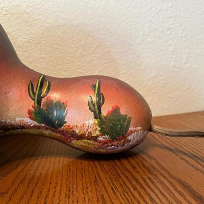 COWBOY ARTWORK, NEEDLEPOINT PICTURE AND PAINTED GOURD