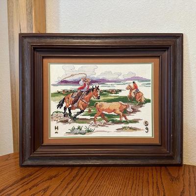 COWBOY ARTWORK, NEEDLEPOINT PICTURE AND PAINTED GOURD