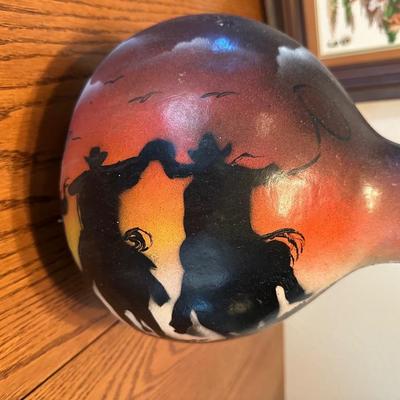 COWBOY ARTWORK, NEEDLEPOINT PICTURE AND PAINTED GOURD