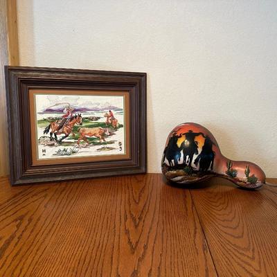 COWBOY ARTWORK, NEEDLEPOINT PICTURE AND PAINTED GOURD