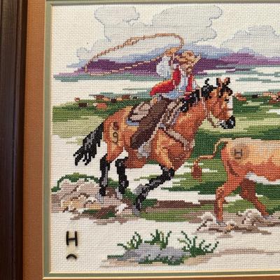 COWBOY ARTWORK, NEEDLEPOINT PICTURE AND PAINTED GOURD