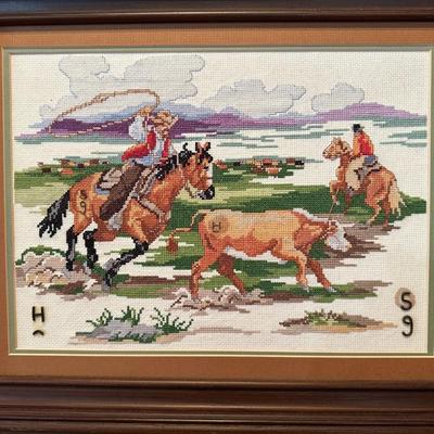 COWBOY ARTWORK, NEEDLEPOINT PICTURE AND PAINTED GOURD