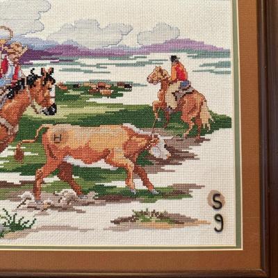 COWBOY ARTWORK, NEEDLEPOINT PICTURE AND PAINTED GOURD