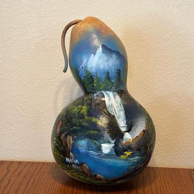 LARGE HAND PAINTED GOURD AND NEEDLEPOINT ARTWORK