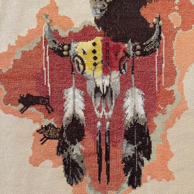 LARGE HAND PAINTED GOURD AND NEEDLEPOINT ARTWORK
