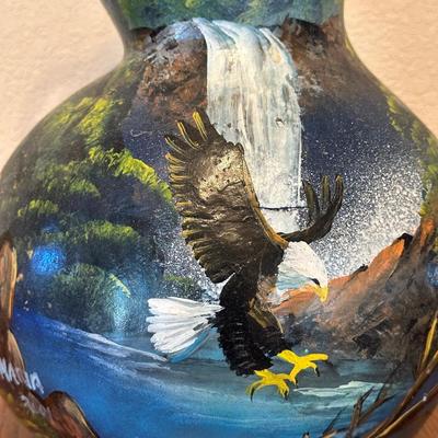 LARGE HAND PAINTED GOURD AND NEEDLEPOINT ARTWORK
