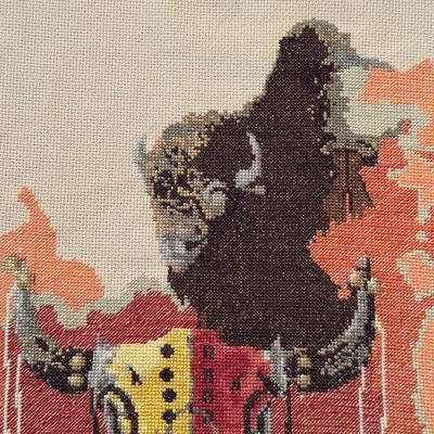 LARGE HAND PAINTED GOURD AND NEEDLEPOINT ARTWORK