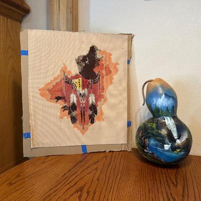 LARGE HAND PAINTED GOURD AND NEEDLEPOINT ARTWORK
