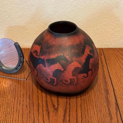 SMALL HORSE COLLAR, SIGNED GOURD AND HORSESHOE MIRROR