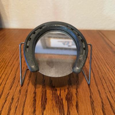 SMALL HORSE COLLAR, SIGNED GOURD AND HORSESHOE MIRROR