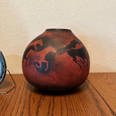 SMALL HORSE COLLAR, SIGNED GOURD AND HORSESHOE MIRROR