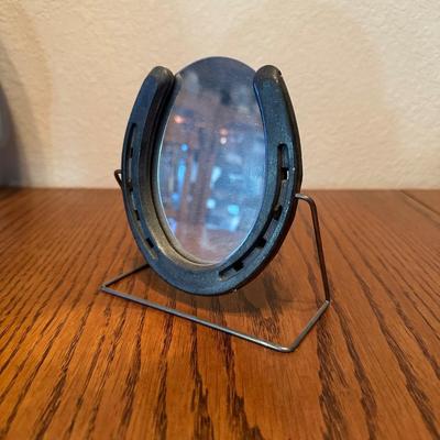 SMALL HORSE COLLAR, SIGNED GOURD AND HORSESHOE MIRROR