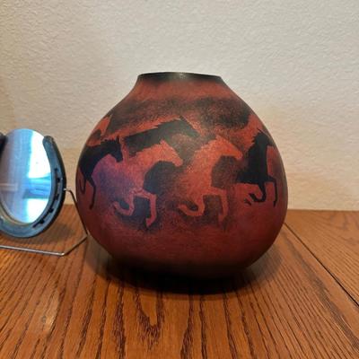 SMALL HORSE COLLAR, SIGNED GOURD AND HORSESHOE MIRROR