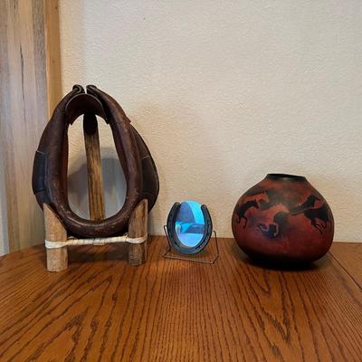 SMALL HORSE COLLAR, SIGNED GOURD AND HORSESHOE MIRROR