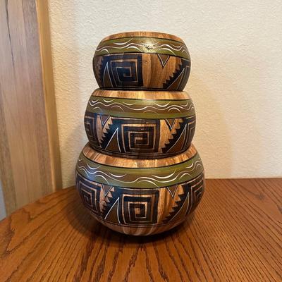3 PAINTED TERRA COTTA POTS