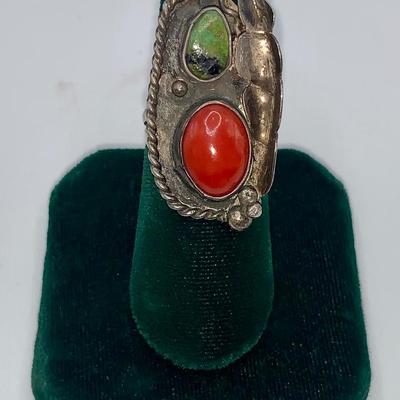 1975 Native American Pawn Silver, Turquoise, and Coral Ring