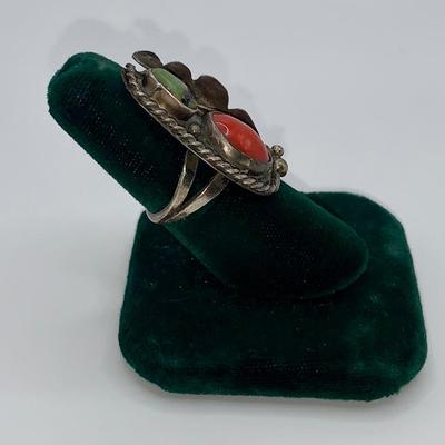 1975 Native American Pawn Silver, Turquoise, and Coral Ring