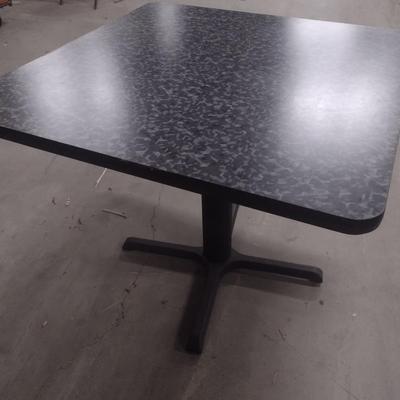 Set of Four Wood Goods Hospitality Quality Heavy Solid Wood Table with Metal Post Geometric Top Design