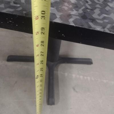 Set of Four Wood Goods Hospitality Quality Heavy Solid Wood Table with Metal Post Geometric Top Design
