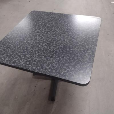 Set of Four Wood Goods Hospitality Quality Heavy Solid Wood Table with Metal Post Geometric Top Design