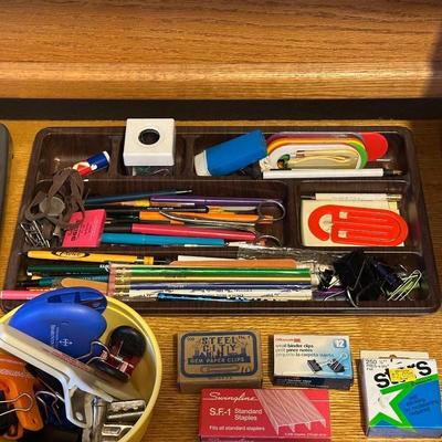 DESK ORGANIZER, PAPER CUTTER AND VARIOUS OFFICE SUPPLIES