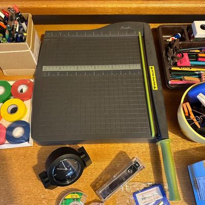 DESK ORGANIZER, PAPER CUTTER AND VARIOUS OFFICE SUPPLIES