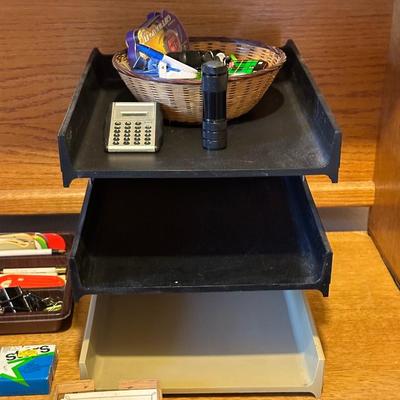DESK ORGANIZER, PAPER CUTTER AND VARIOUS OFFICE SUPPLIES