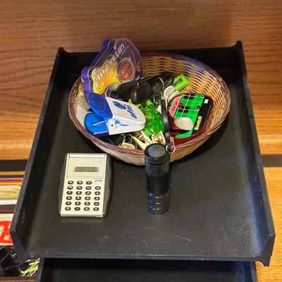 DESK ORGANIZER, PAPER CUTTER AND VARIOUS OFFICE SUPPLIES