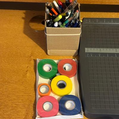DESK ORGANIZER, PAPER CUTTER AND VARIOUS OFFICE SUPPLIES
