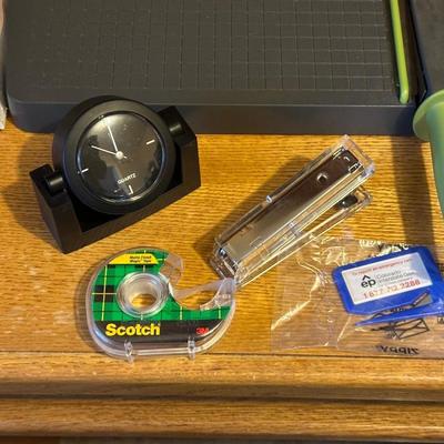 DESK ORGANIZER, PAPER CUTTER AND VARIOUS OFFICE SUPPLIES