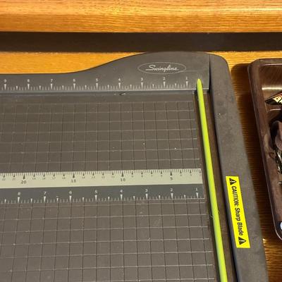 DESK ORGANIZER, PAPER CUTTER AND VARIOUS OFFICE SUPPLIES
