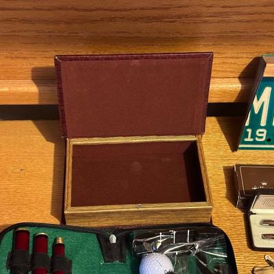 LICENSE PLATE DUST PAN, STOP WATCH, COMPASS, PEN/PENCIL SET AND MORE