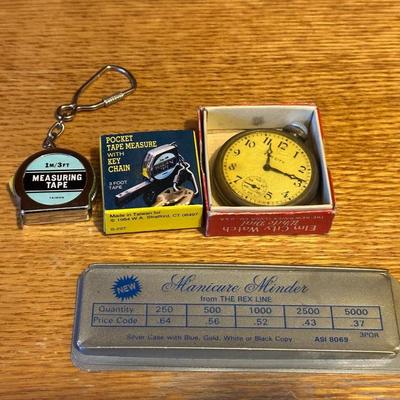LICENSE PLATE DUST PAN, STOP WATCH, COMPASS, PEN/PENCIL SET AND MORE