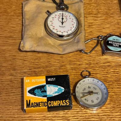 LICENSE PLATE DUST PAN, STOP WATCH, COMPASS, PEN/PENCIL SET AND MORE