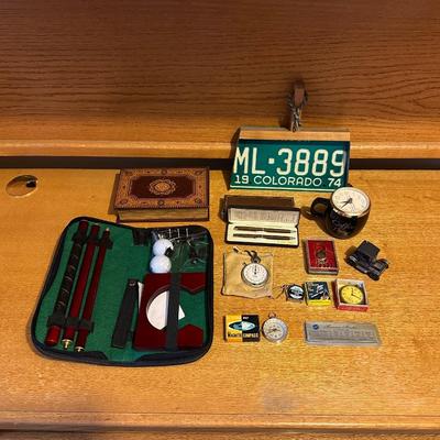 LICENSE PLATE DUST PAN, STOP WATCH, COMPASS, PEN/PENCIL SET AND MORE
