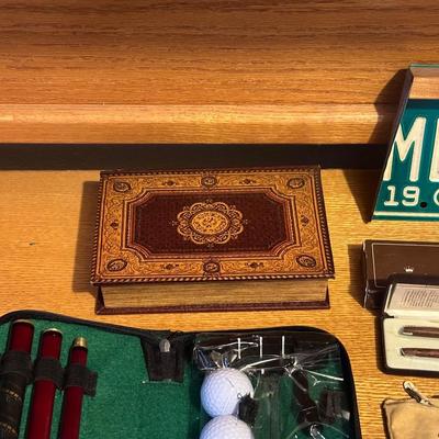 LICENSE PLATE DUST PAN, STOP WATCH, COMPASS, PEN/PENCIL SET AND MORE