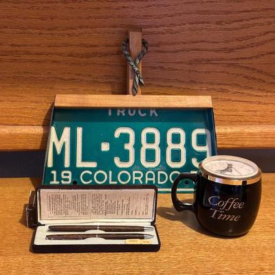 LICENSE PLATE DUST PAN, STOP WATCH, COMPASS, PEN/PENCIL SET AND MORE