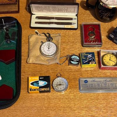 LICENSE PLATE DUST PAN, STOP WATCH, COMPASS, PEN/PENCIL SET AND MORE