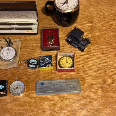 LICENSE PLATE DUST PAN, STOP WATCH, COMPASS, PEN/PENCIL SET AND MORE