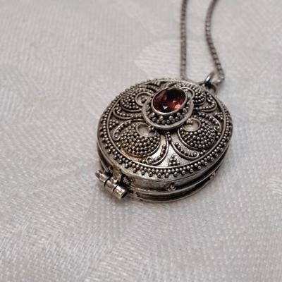 Antique Garnet 925 Pill Box 17" Necklace