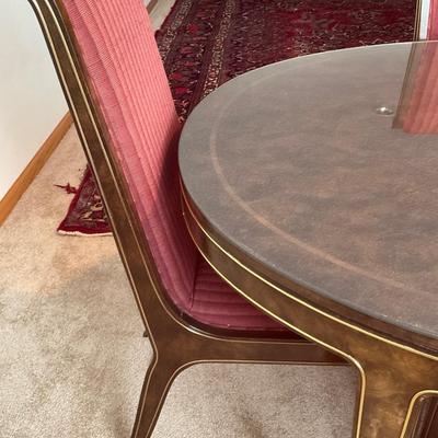 D16-1970s Mastercraft Dining Table in Burled Amboyna and Inlaid Brass Trim