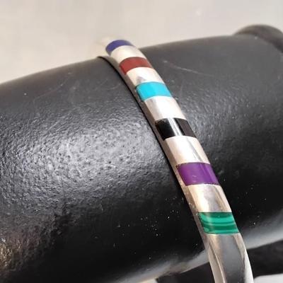 Zuni Indian Purple Turquoise, Red Turquoise, Blue Turquoise, Malachite, Lapis Lazuli, Onyx Inset 925 Bracelet