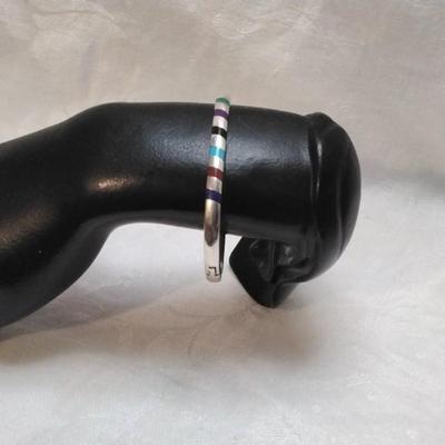 Zuni Indian Purple Turquoise, Red Turquoise, Blue Turquoise, Malachite, Lapis Lazuli, Onyx Inset 925 Bracelet