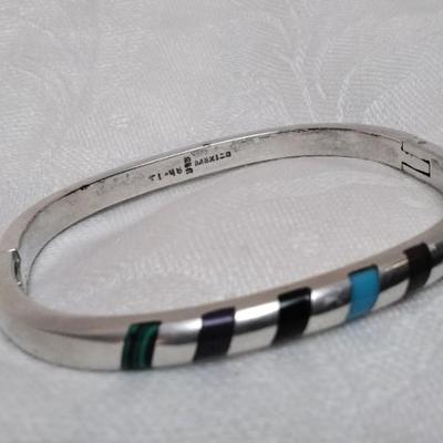 Zuni Indian Purple Turquoise, Red Turquoise, Blue Turquoise, Malachite, Lapis Lazuli, Onyx Inset 925 Bracelet