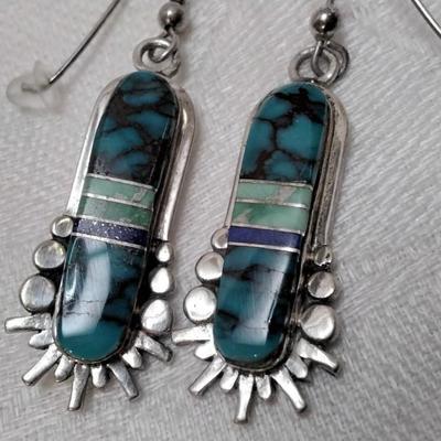 Zuni Indian Turquoise, Green Turquoise and Lapis Lazuli 925 Earrings