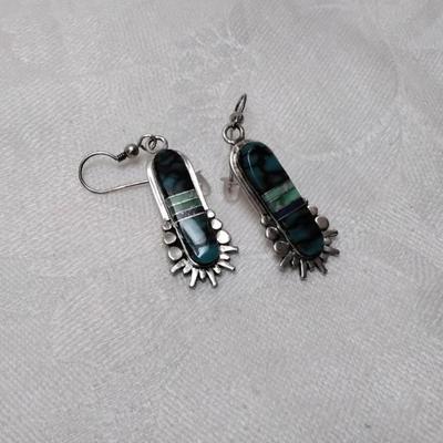 Zuni Indian Turquoise, Green Turquoise and Lapis Lazuli 925 Earrings