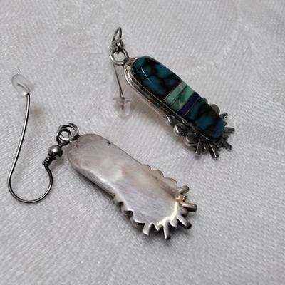 Zuni Indian Turquoise, Green Turquoise and Lapis Lazuli 925 Earrings