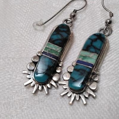 Zuni Indian Turquoise, Green Turquoise and Lapis Lazuli 925 Earrings