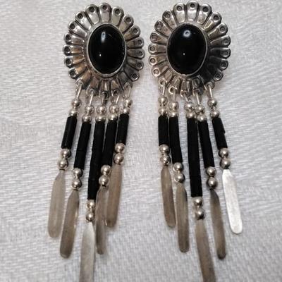Signed Navajo Vintage Onyx Concho Fringe Drop 925 Earrings